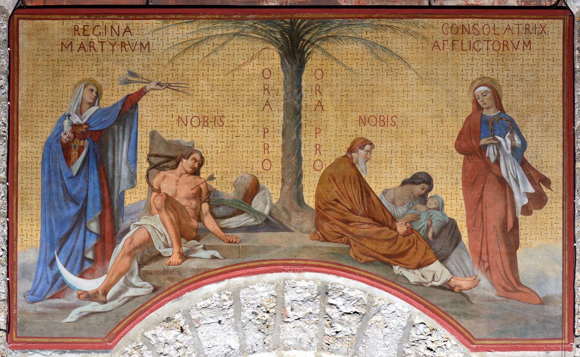 Scènes de la vie de la Vierge : la Sainte Vierge levant au ciel les flèches qui ont tué saint Sébastien et la Sainte Vierge console une famille qui lui présente son enfant mourant