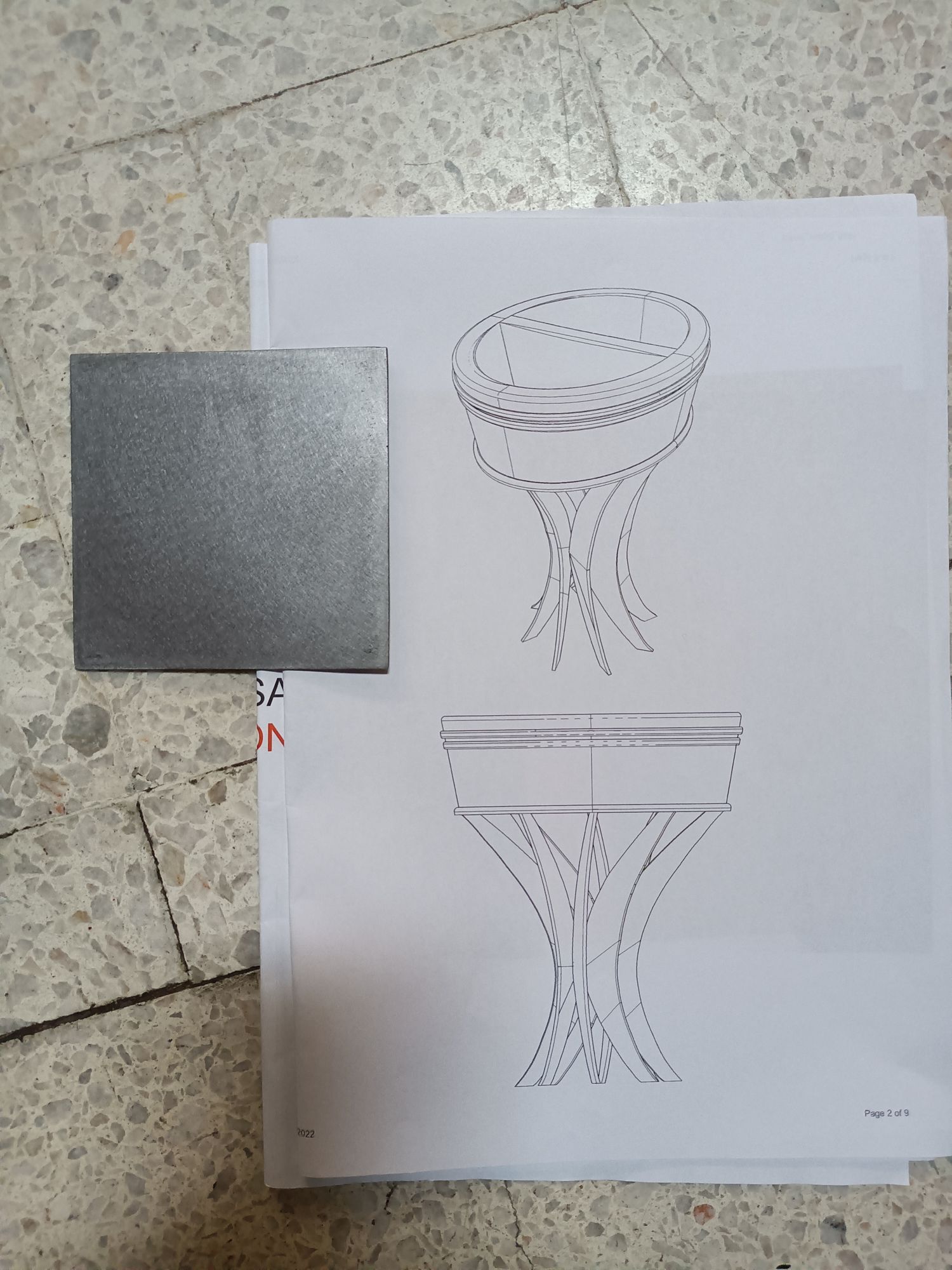Dessins préparatoires du nouveau socle pour la cuve et échantillon