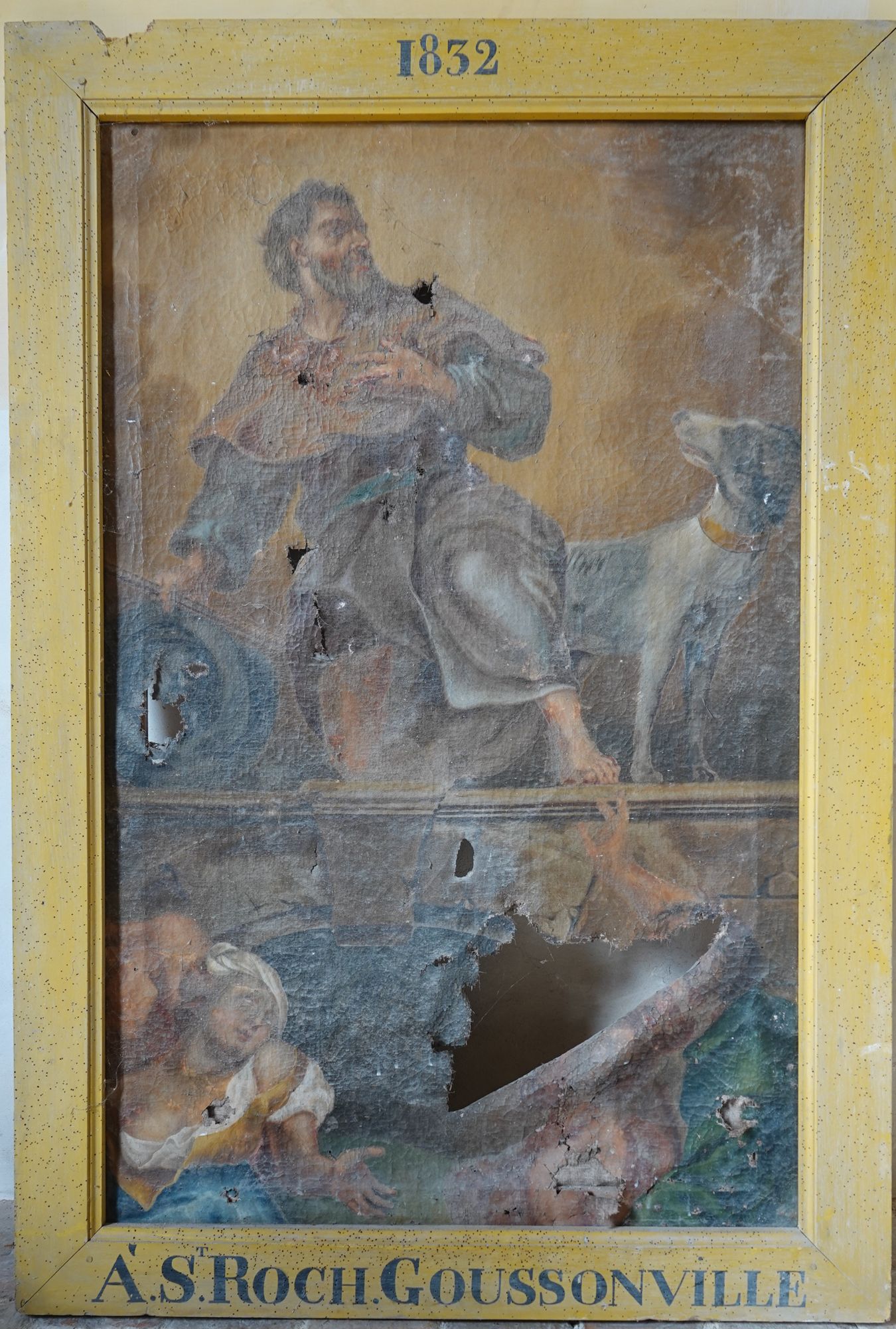 Tableau dans son cadre avant restauration.