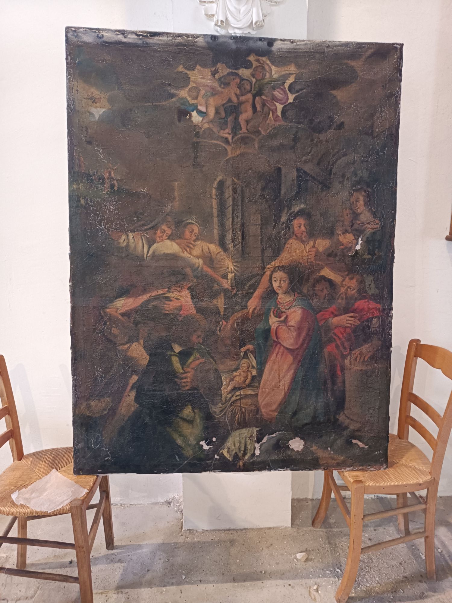 Le tableau au moment de la dépose du retable (avant restauration)