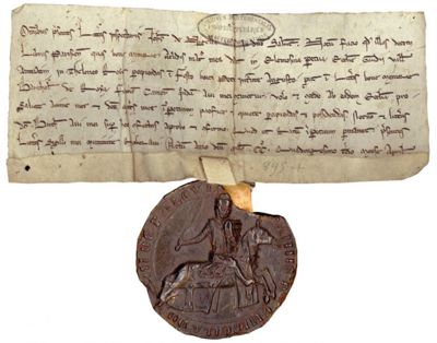 48H 2/ 3 : Charte de confirmation de la donation d&#8217;une rente à Joyenval par Jean de Nesles, 1243. Sceau équestre des Montfort