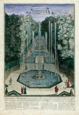 7Fi34 : Vue cavalière du bosquet des trois fontaines à Versailles. Gravure d&#8217;après dessin sur les lieux par Girard, fontainier du roi en 1714