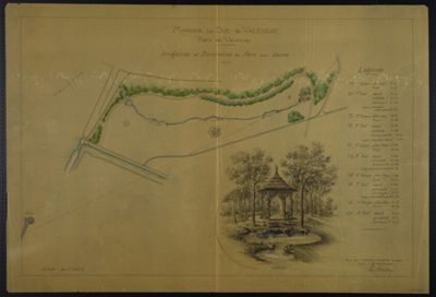 141J 79, Parc de Valençay. Irrigation et décoration du parc aux Daims, 27 février 1905 : plan du parc et dessin du kiosque sous les arbres au bord du plan d'eau. Signé Ed. André.