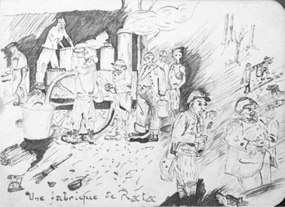 Une fabrique de rata, dessin original tiré du Carnet de guerre de Paul Carteau